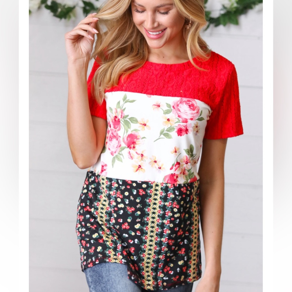Cherry Lace Floral Colorblock Top sizes SML